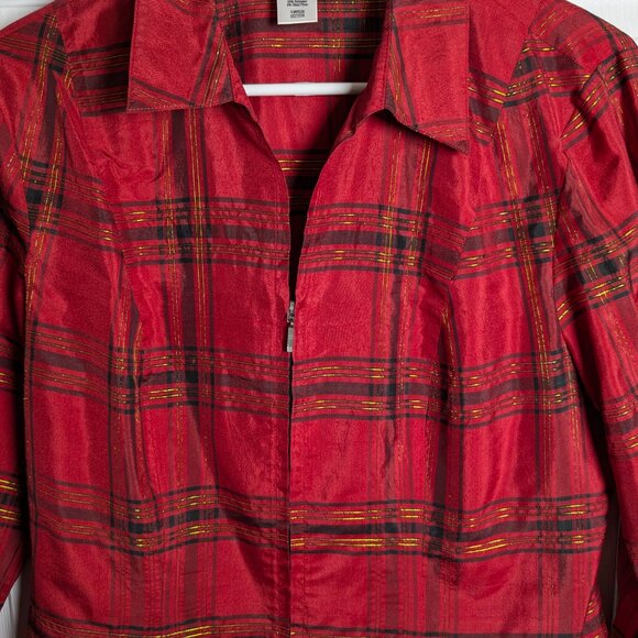 Coldwater Creek Women's Silk Red Gold Metallic Plaid Top Zip Front Petite Medium - Picture 5 of 16